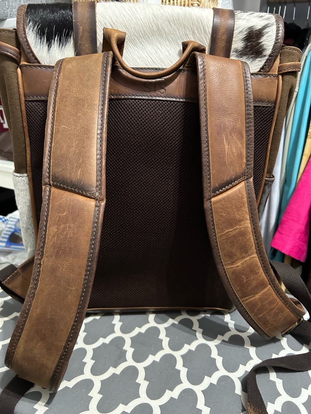 STS Ranchwear Brown, White & Black Cowhide Leather Backpack Laptop Bag - Picture 2 of 5